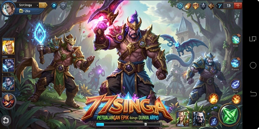 Tampilan gameplay yang menampilkan pertarungan epik di dunia 77SINGA.
