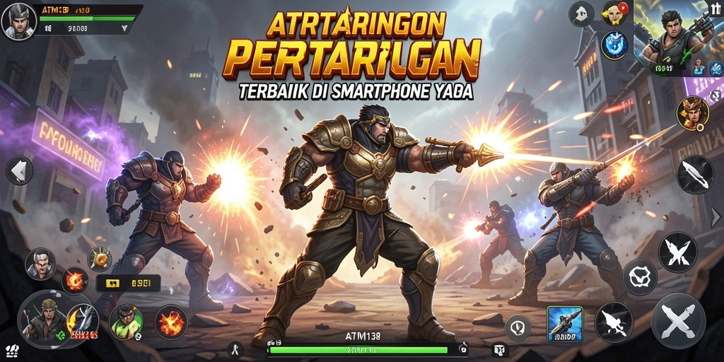 Screenshot utama dari <strong>ATM138</strong> menampilkan pertarungan seru antar karakter dengan latar belakang warna-warni.