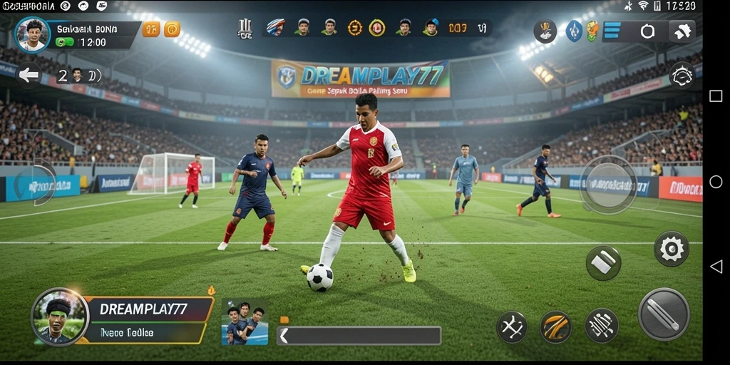 Screenshot DREAMPLAY77 menampilkan aksi sepak bola yang mendebarkan.