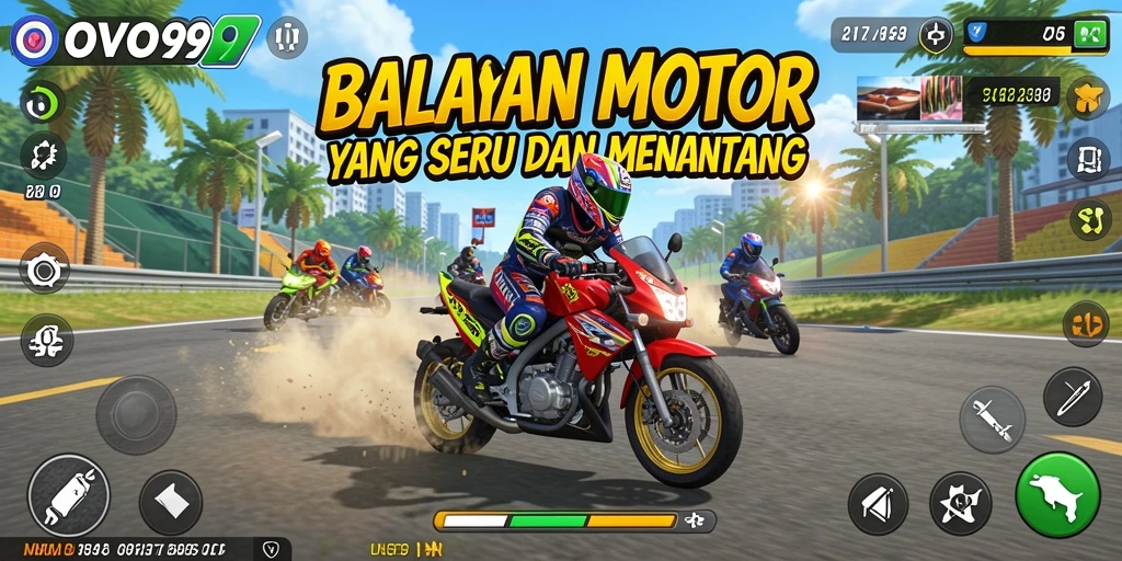 Screenshot OVO99 menampilkan aksi balapan motor yang dinamis.