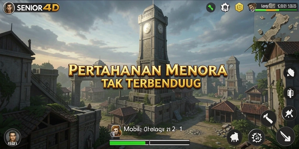 Tampilan gameplay epik dari SENIOR4D dengan menara pertahanan yang kuat.