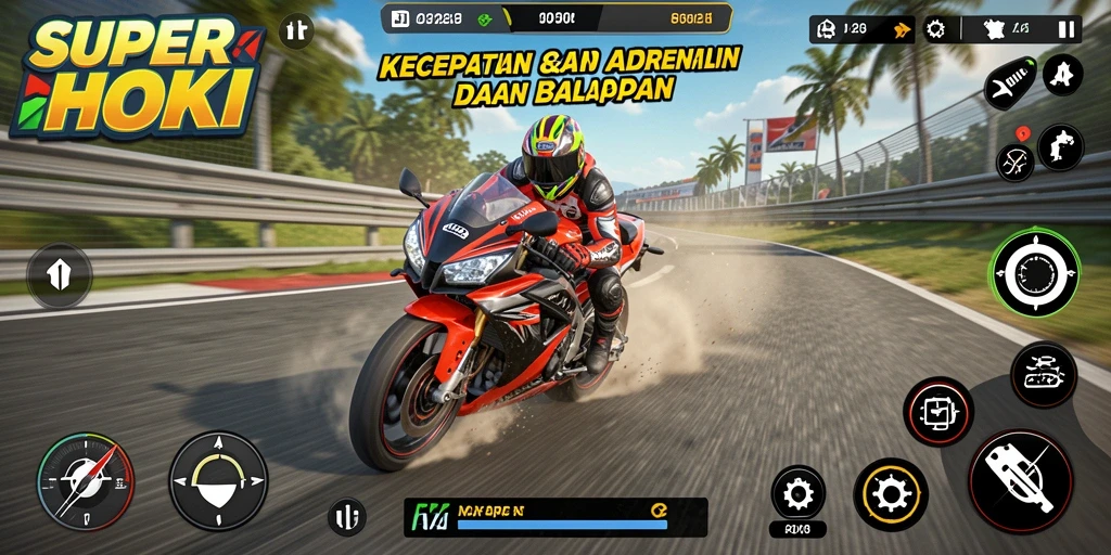 Tampilan gameplay <strong>SUPERHOKI</strong> yang menampilkan aksi balapan motor yang mendebarkan.