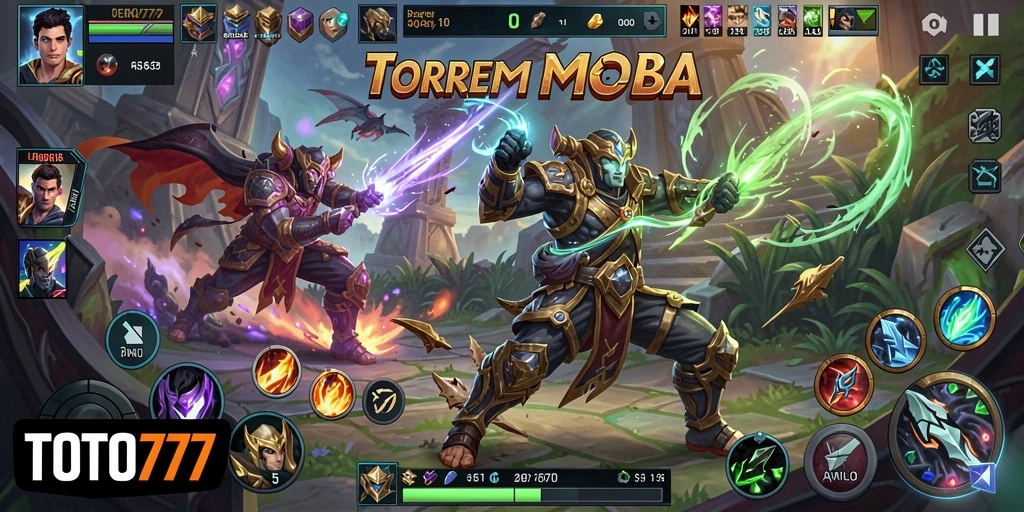 Screenshot gameplay TOTO777 menunjukkan pertarungan seru antara karakter-karakter unik.