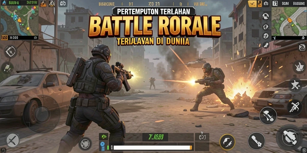 Screenshot V21 menampilkan aksi seru dalam pertempuran Battle Royale.