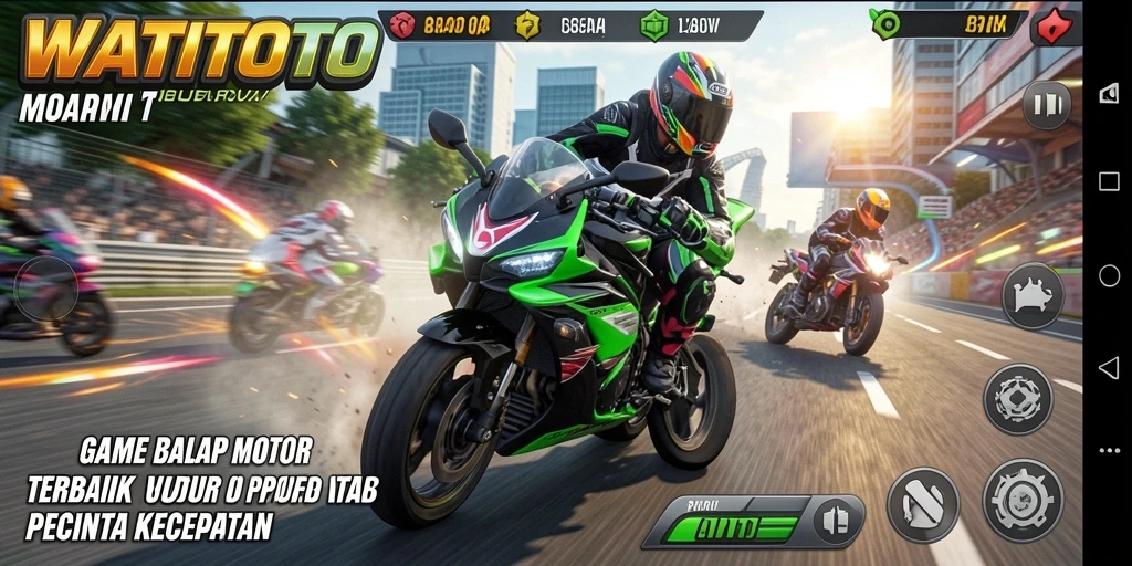 Screenshot WATITOTO menampilkan aksi balapan motor yang mendebarkan.
