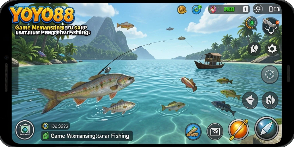 Screenshot gameplay YOYO88 menampilkan aksi memancing yang seru.
